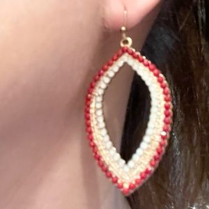 Teardrop Beaded Earrings - red, gold, & white